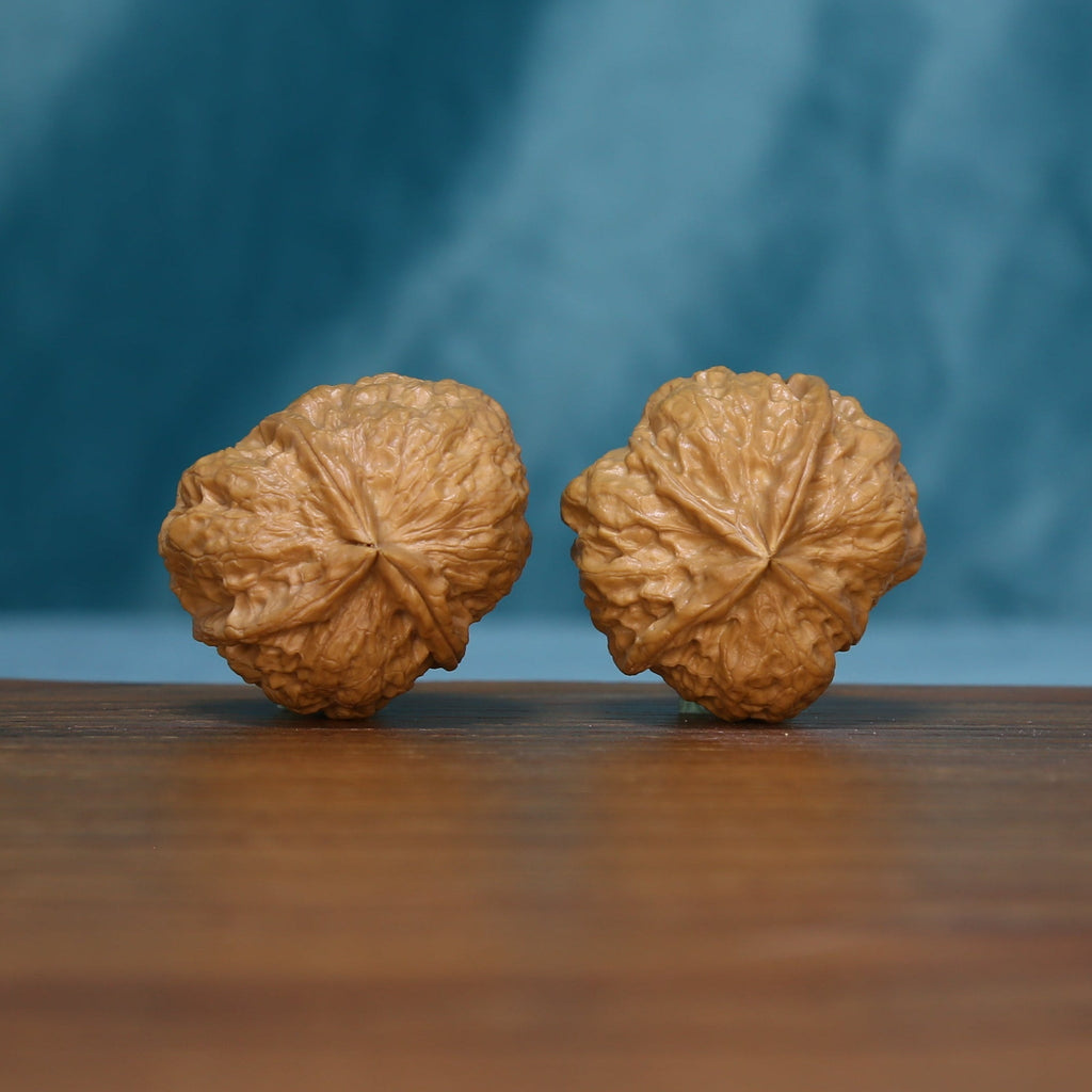Pair of S1314 Iron-Skin Three-Ridge wenwan walnuts showing raised ridges and branching grooves
