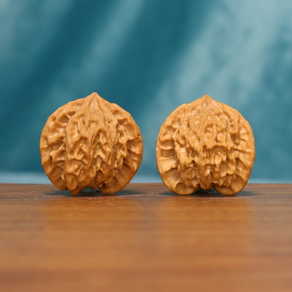 L23 Wenwan walnut pair shown from a side angle, highlighting their compact rounded forms and natural textured shells.
