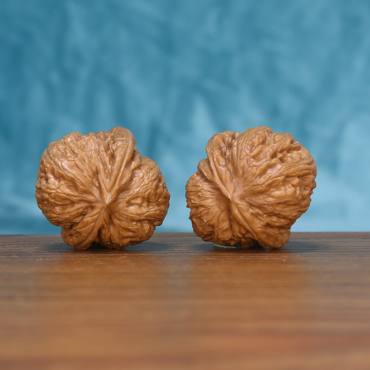 Back view of two Pinggu Yuanbao Wenwan walnuts showing distinct natural shell patterns
