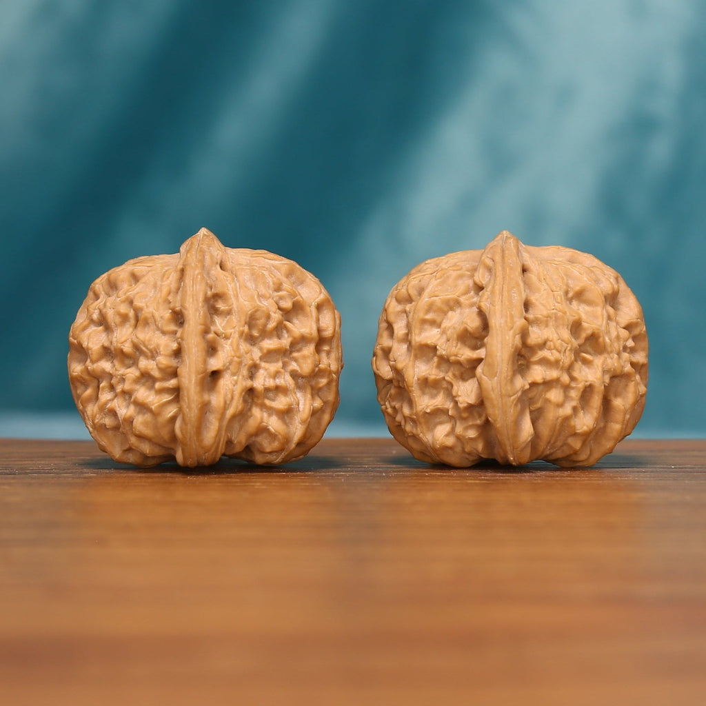 Side view of The Ivory Lion Wenwan Walnut Set showing the walnuts’ rounded profiles and intricate textured surfaces.
