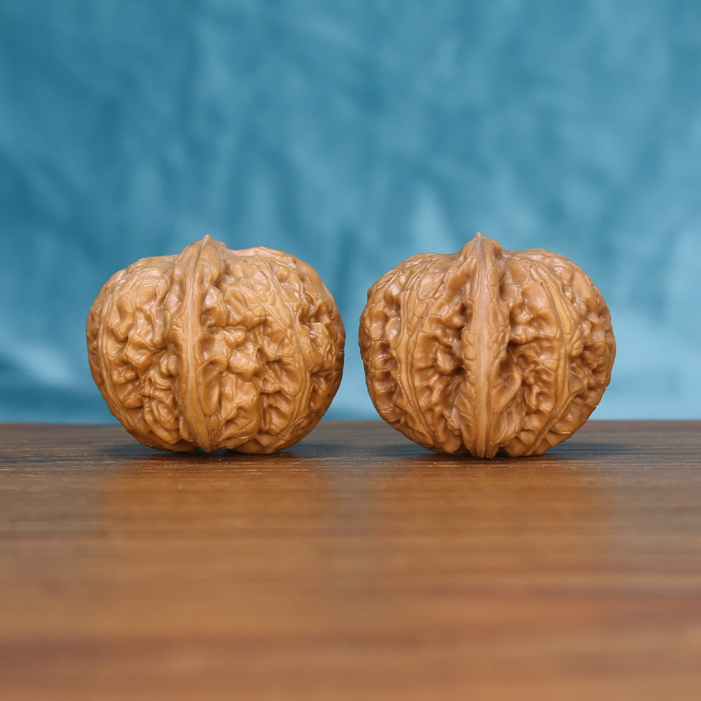 Pinggu Ingot wenwan walnut set at a slight angle, highlighting the wide belly and even shape
