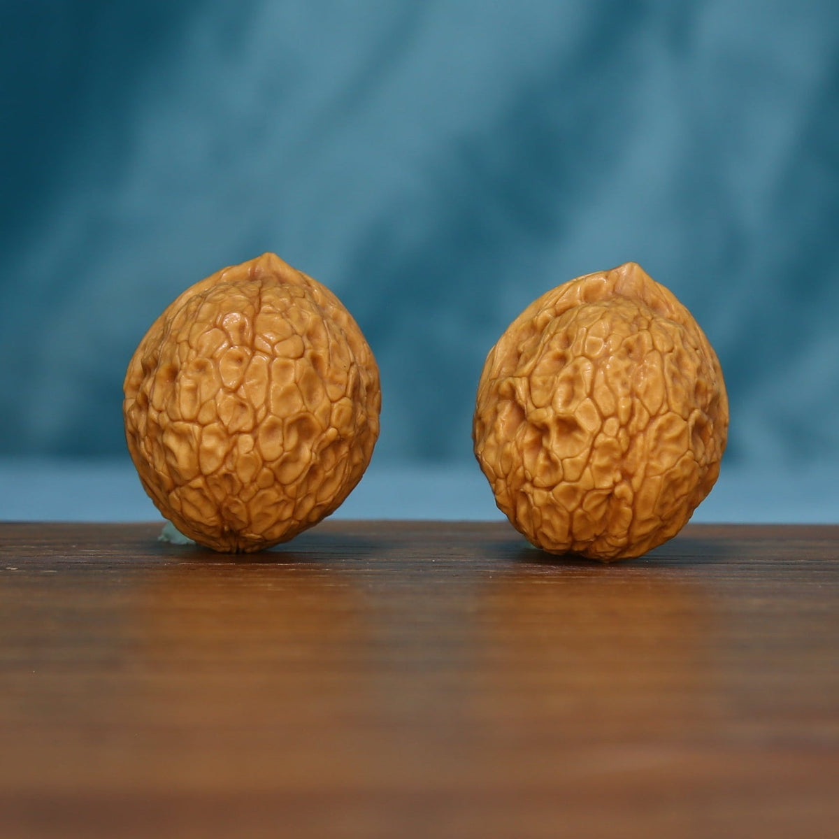 Side view of two 163 wenwan walnuts with rounded profiles
