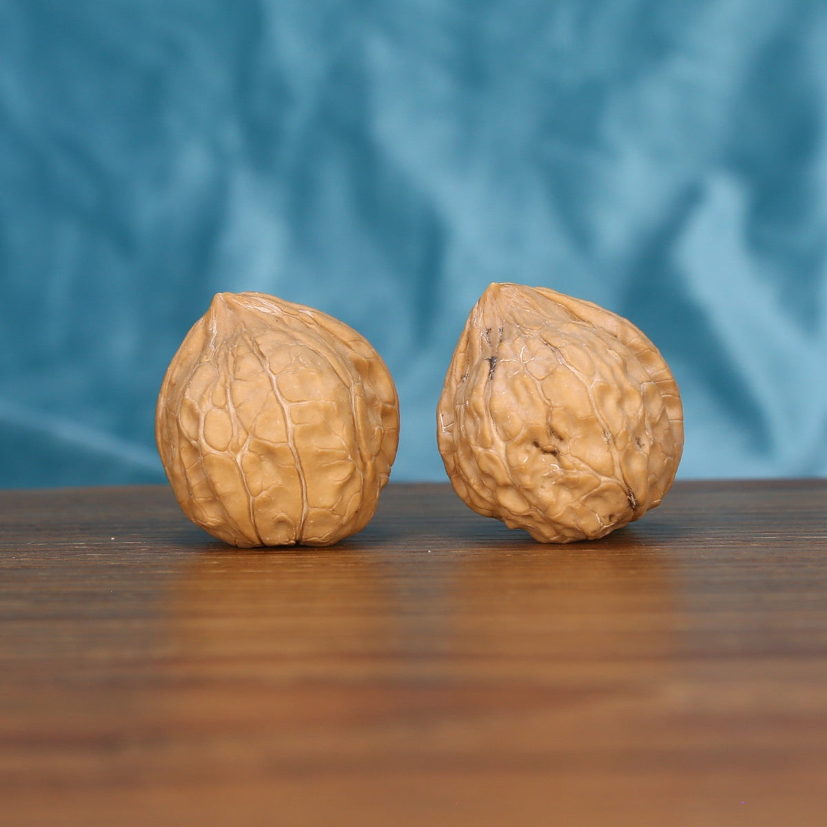 Gui-Jia-Wen walnut set side profile on wood, blue background – tortoise shell hexagonal grain detail