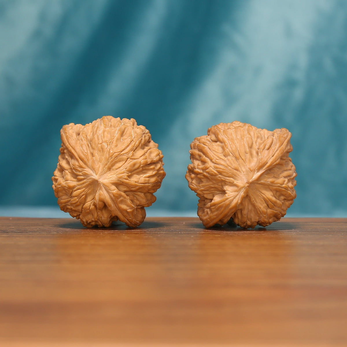 Rear view of the Carved Millstones Wenwan walnut pair showing the carved ridge structure
