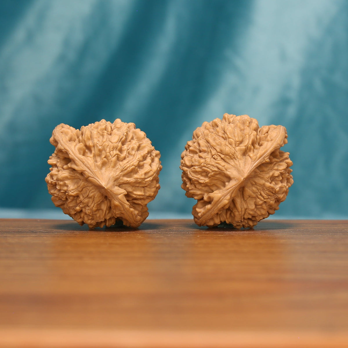Rear view of The Capstone Pair Wenwan Walnut Set displaying the walnuts’ rounded forms and crown-like texture.
