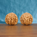 Pair of Coiling Dragon Wenwan walnuts standing upright on a wooden surface against a blue background
