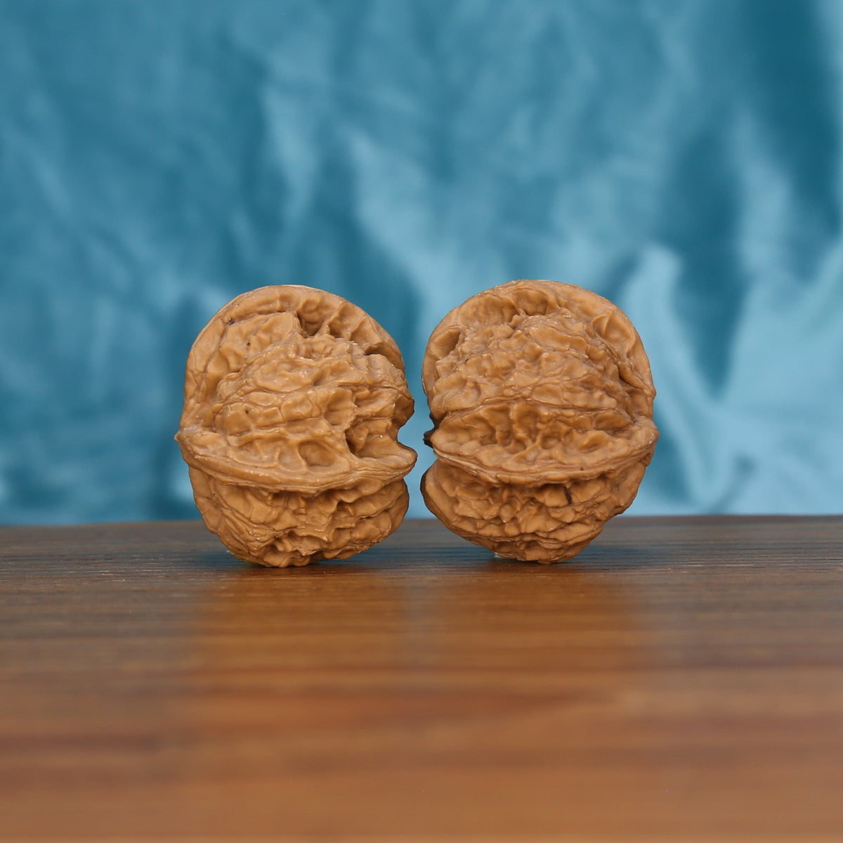Duo-Leng Yuan-Bao walnut set side profile on wood, blue background – multi-ridge ingot grain detail