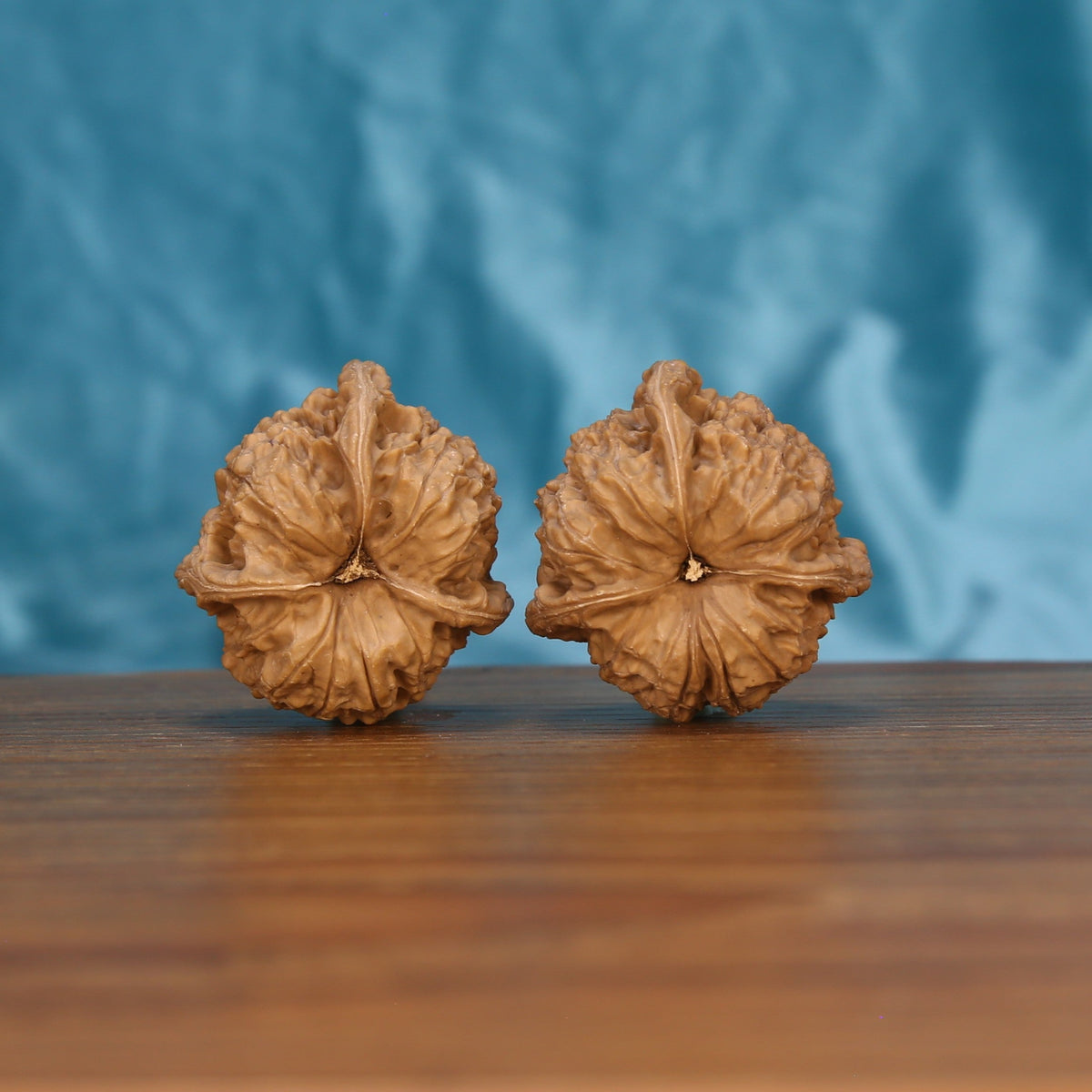Duo-Leng Yuan-Bao walnut pair bottom view on wood – natural multi-ridge ingot base pattern, Sculpted Ingots premium set