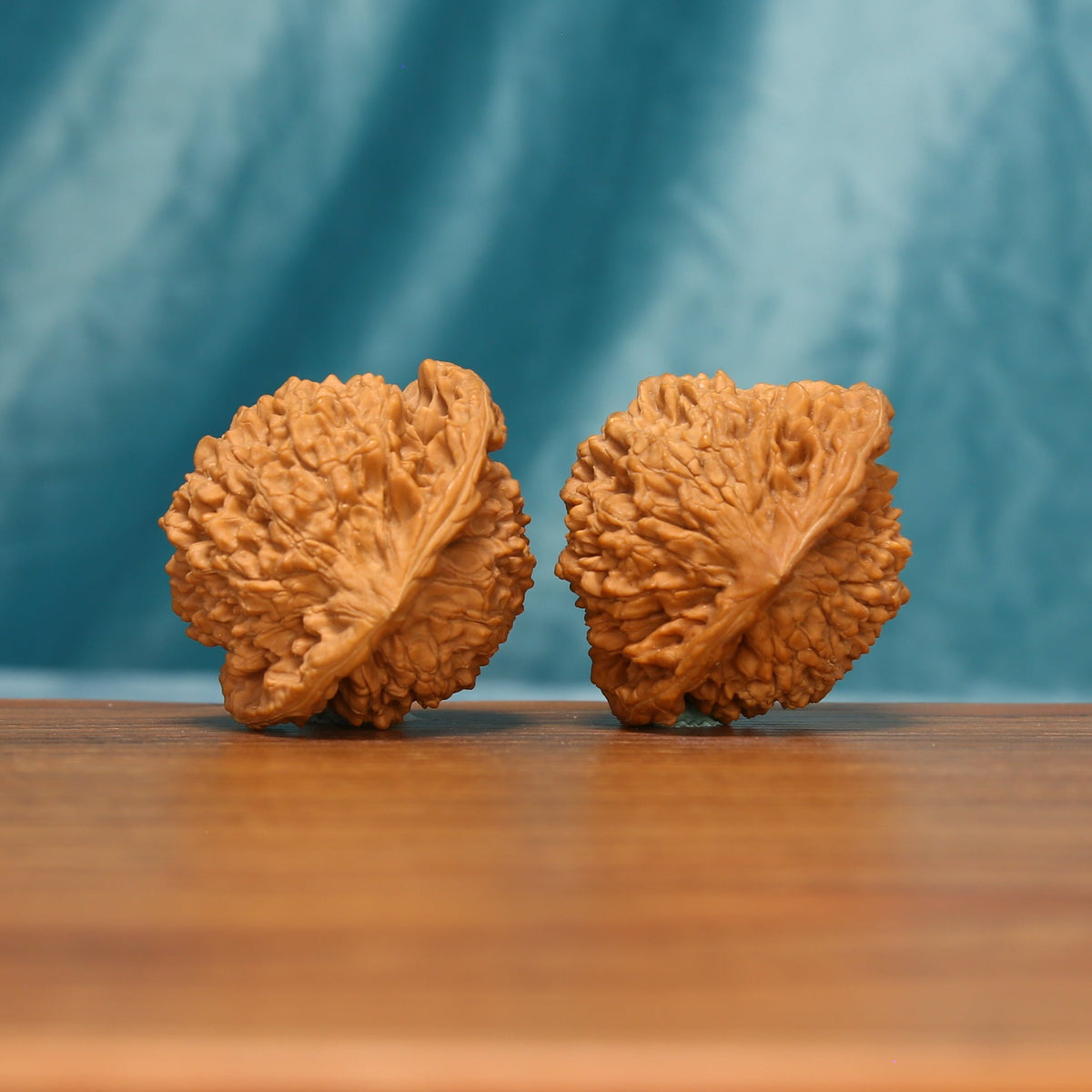 Rear view of The Scholar's Crown Wenwan Walnut Set displaying the walnuts’ rounded forms and crown-like texture.
