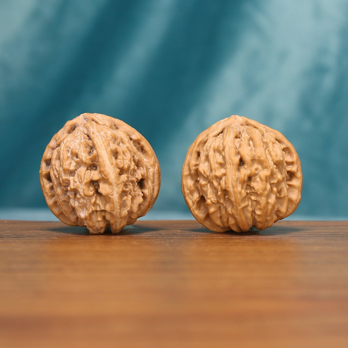 Front view of The Ivory Roar Wenwan Walnut Set showing two light-colored lion head walnuts with prominent natural ridges.
