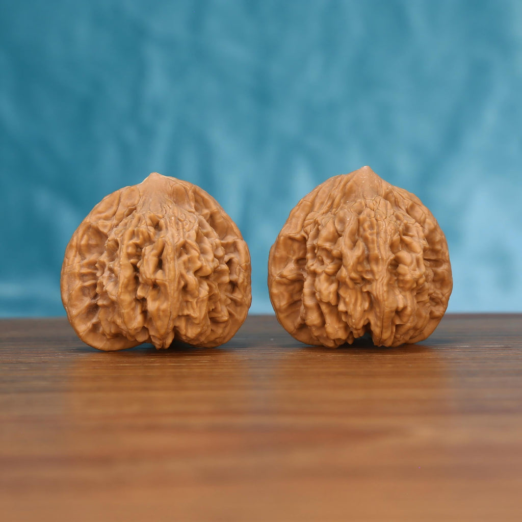 Mai-Sui Hu-Tou walnut pair front view – golden wheat ridge silhouette and full-handed grip