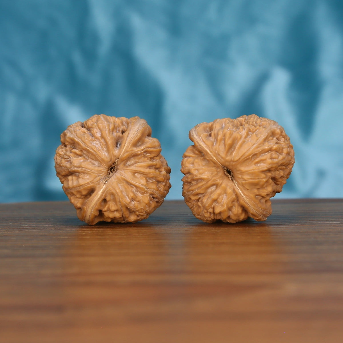 Ping-Gu-Yuan-Bao walnut pair bottom view on wood – natural yuan-bao base pattern, Wealth-Curve Spheres premium set