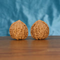 Two Xiao-Jin-Niu wenwan walnuts on wooden surface, blue fabric background – matching untamed ridges set