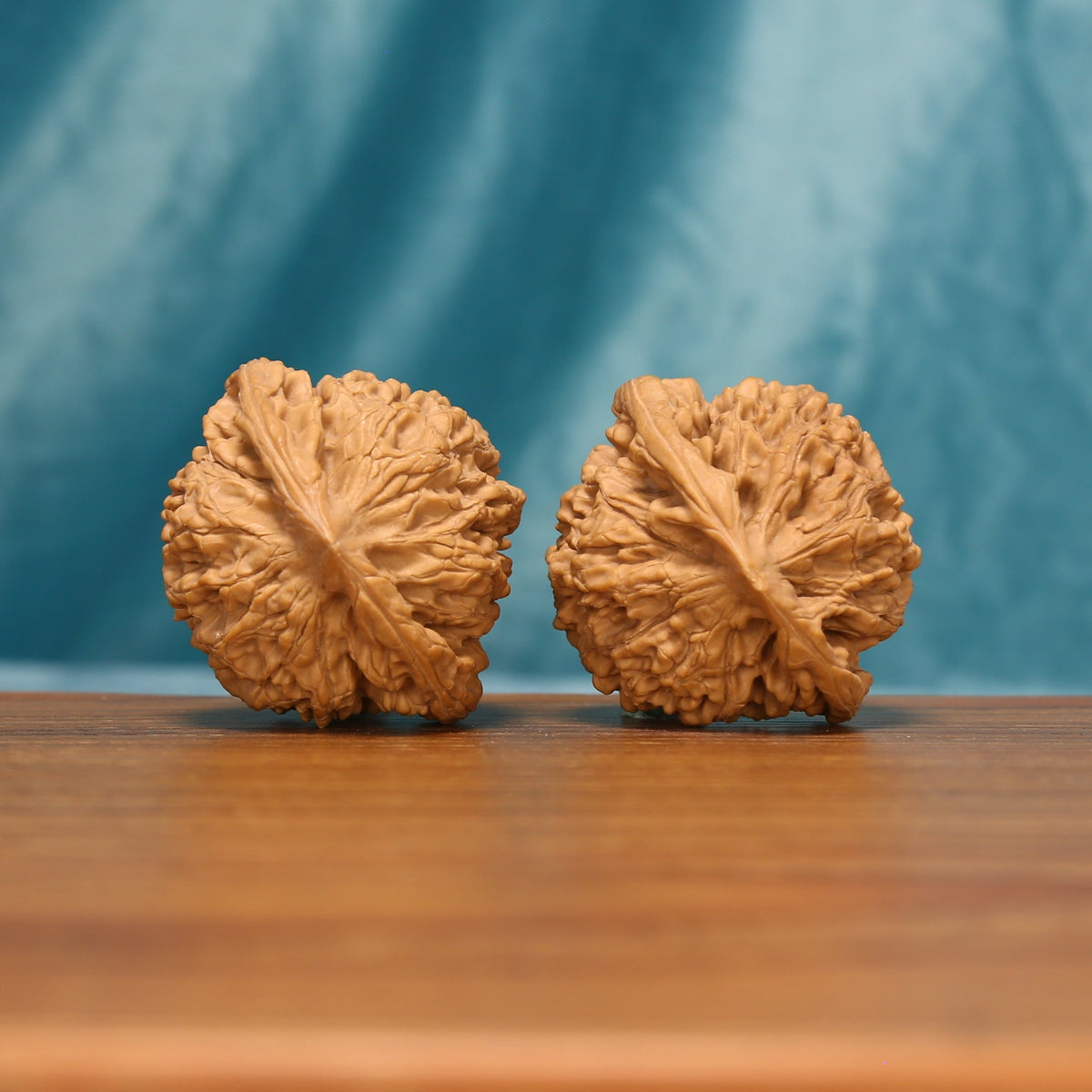 Rear view of The Scholar's Cap Wenwan Walnut Set displaying the walnuts’ rounded forms and crown-like texture.
