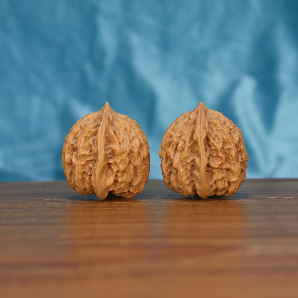  Single Xiao-Jin-Niu wenwan walnut on wooden surface, blue background – bold untamed natural ridge texture close-up