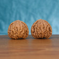Two Wu-Ming wenwan walnuts on wooden surface, blue fabric background – matching mountain echo nameless set