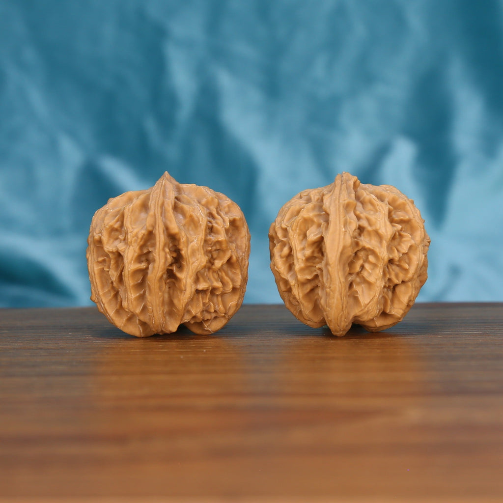 Ping-Guo-Yuan wenwan walnut pair alternate angle, blue background – balanced round ridge pattern