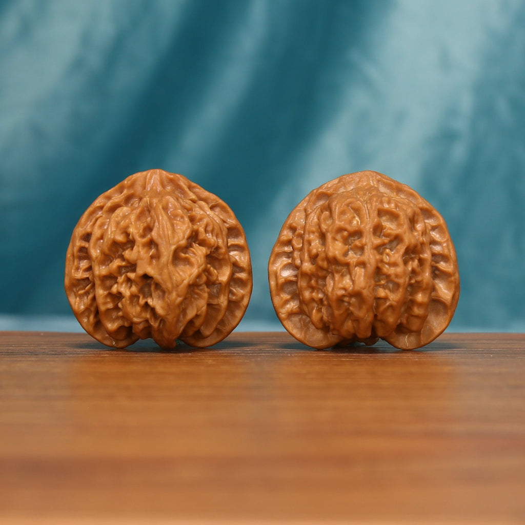 A pair of Apple Orchard Wenwan walnuts shown from the front on a wooden tabletop
