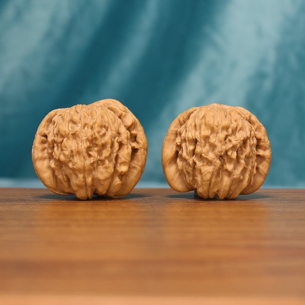 A pair of Huakun Dragon Wenwan walnuts shown from the front on a wooden tabletop
