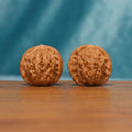 A pair of Shanxi Han Gaolou Wenwan walnuts shown from the front on a wooden tabletop
