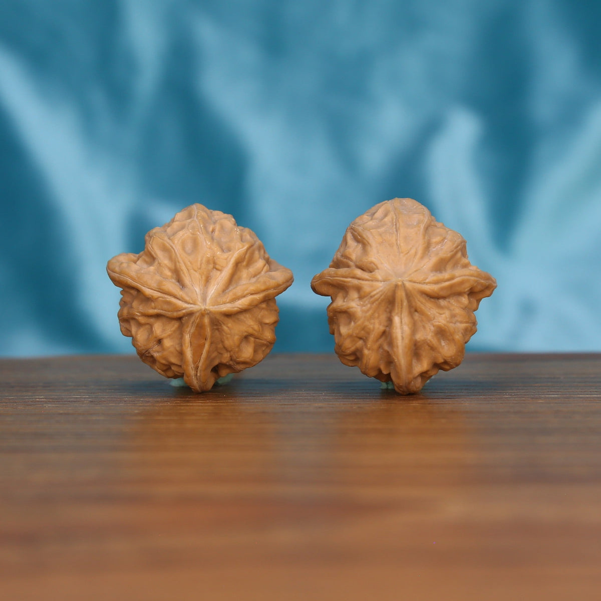 Qi-Da-Hai San-Leng walnut set side profile on wood, blue background – trifold three-ridge geometric grain detail