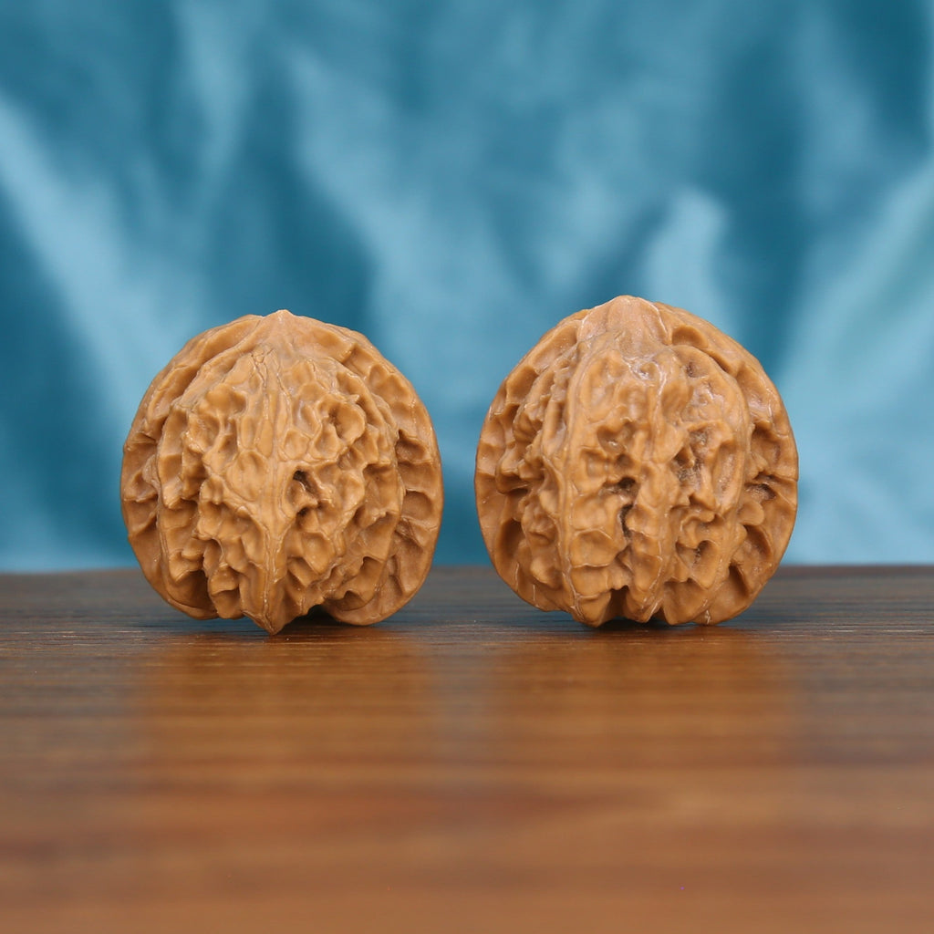 Wu-Dao-San-Leng walnut set side profile on wood, blue background – five-path three-ridge constellation grain detail
