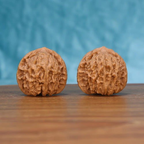 Two Hong-Dou wenwan walnuts on wooden surface, blue fabric background – matching tectonic ridge set