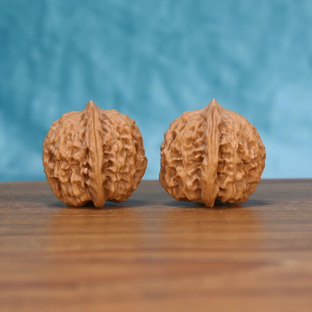 Hong-Dou walnut set side profile on wood, blue background – tectonic ridge grain detail

