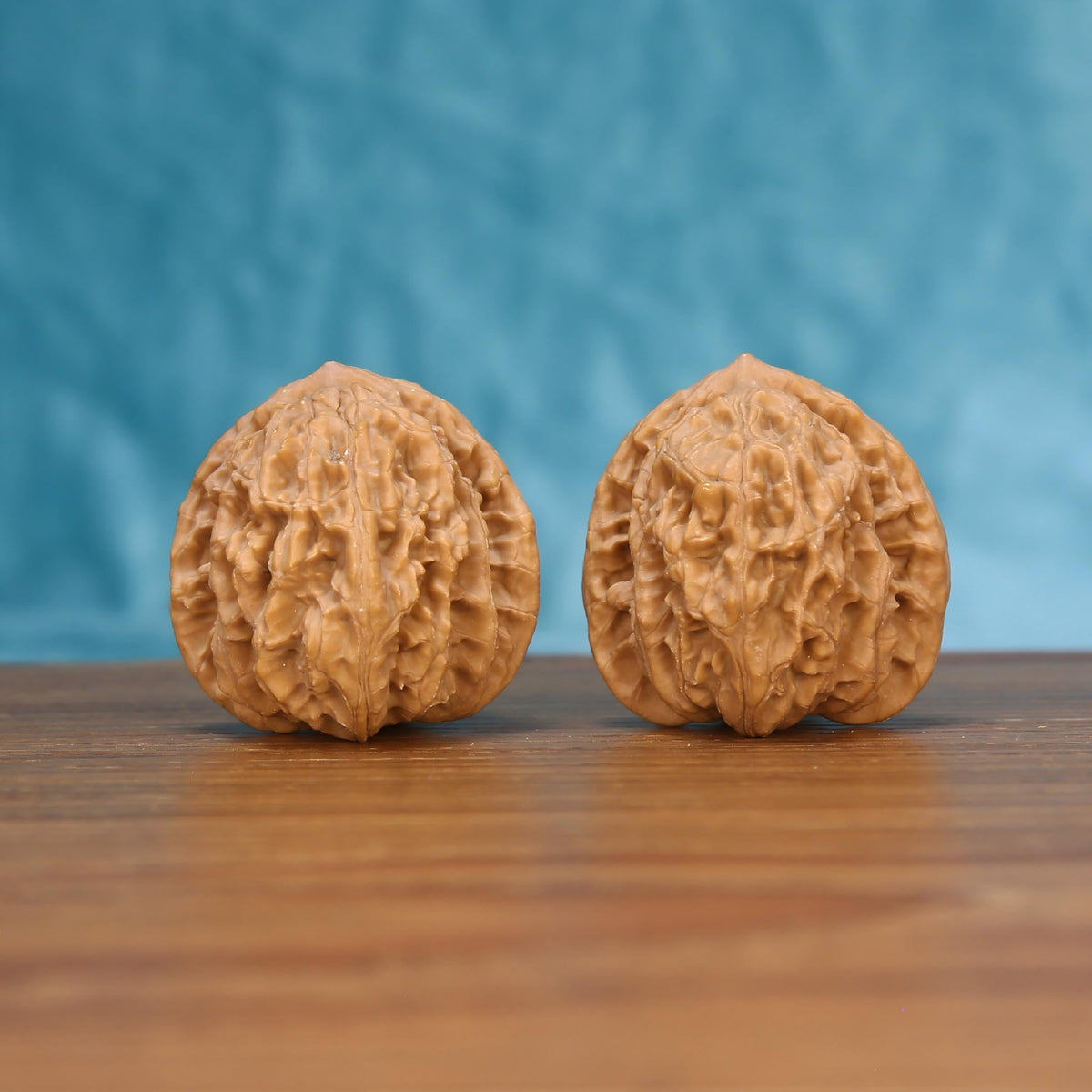 Wu-Ming wild walnut set side profile on wood, blue background – wind-carved natural ridge grain detail