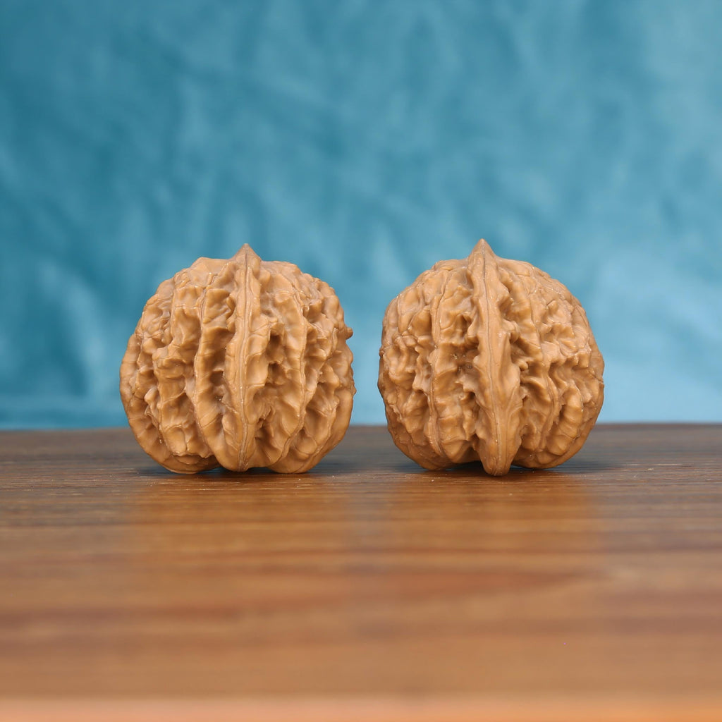 Wu-Ming wild wenwan walnut pair alternate angle, blue background – symmetrical wind-carved ridge pattern