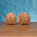 Two Jiang-Jun-Bang wenwan walnuts on wooden surface, blue fabric background – matching general's armor set