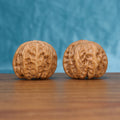 Yuan-Bao walnut pair displayed on a wooden table against a blue backdrop