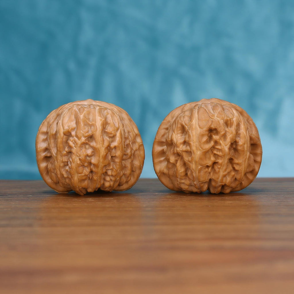 Front view of the Yuan-Bao walnut pair showing detailed natural ridges
