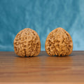 Two Nan-Jiang-Shi wenwan walnuts on wooden surface, blue fabric background – matching ancient bedrock set