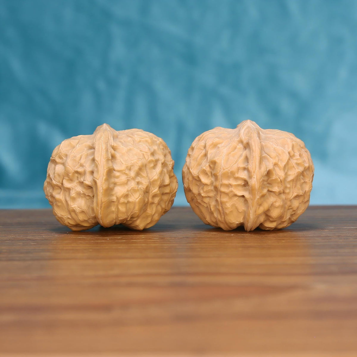  Single Nan-Gua-Dun wenwan walnut on wooden surface, blue background – bold earthbound bastion natural texture close-up