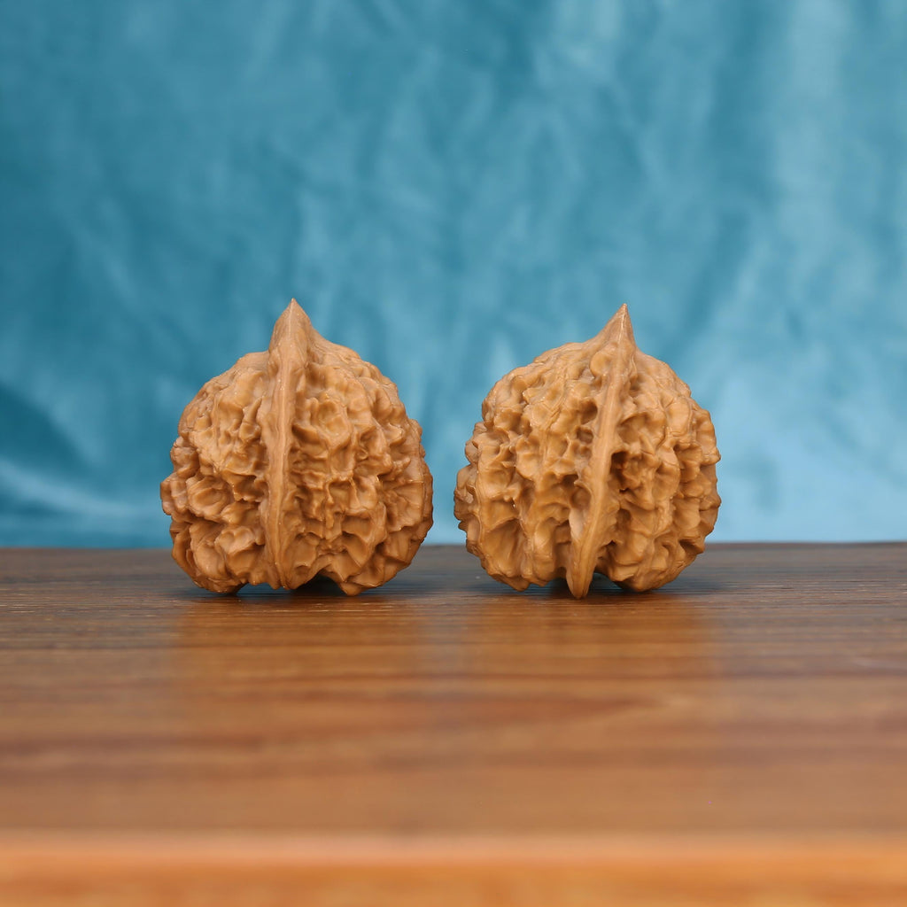 Single Qi-Lin-Wen Guan-Mao wenwan walnut on wooden surface, blue background – intricate qilin-pattern natural texture close-up
