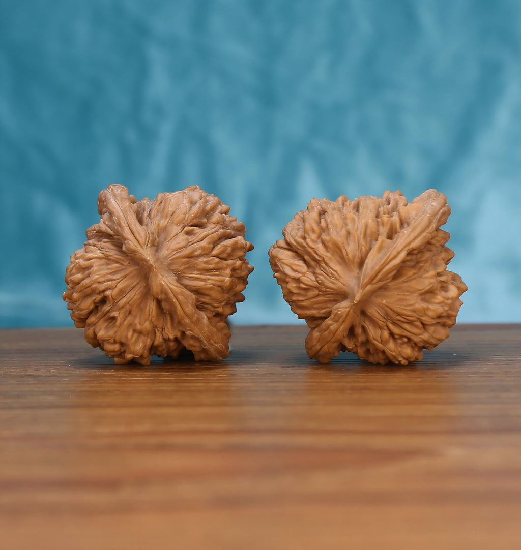  Single Si-Zuo-Lou wenwan walnut bottom view on wooden surface – natural base and pavilion tower texture detail