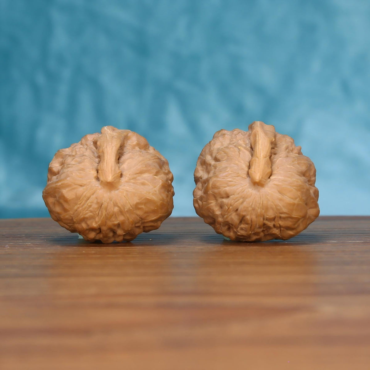 Yi-Dao-Jin wenwan walnut pair alternate angle, blue background – symmetrical singular spine ridge pattern
