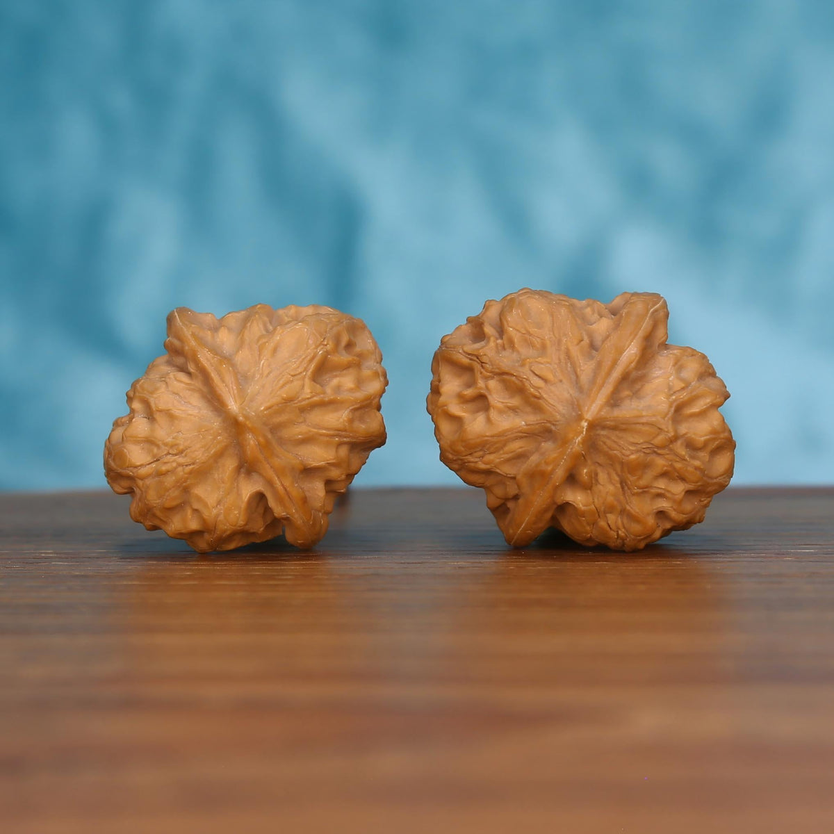 Pair of wenwan walnuts with leaf-vein ridge pattern, side view on wooden surface